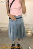 Pleated Skirt Women Girls Blue Jeans Midi Knee-length Denim Skirt A-line Long Skirt Y2k Korean Vintage