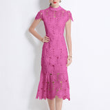 Fongt High-End Heavy Industry Hollow Water-Soluble Lace Collar Dress Female Summer Temperament Elegant Fishtail Dress Dress