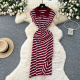 Fongt Chic Summer Dress Niche Retro Polo Collar Short-Sleeved Striped Dress Female Waist Temperament Open Long Dress