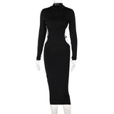 Sexy Women Backless Midi Dress Turtleneck Long Sleeve Elegant Slim Dresses 2021 Autumn Black Casual Basic Bodycon