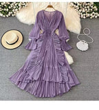 Fongt Fairy Seaside Holiday Chiffon Dress Female Lotus Lace V Collar Temperament Folded Waist Thin Swing Dress