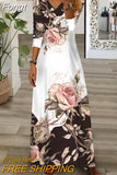 Short Sleeve Holiday Dress For Women Vintage Print V Neck Maxi Party Dress Elegant Ladies Loose Long Retro Dress