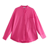 New Women Simply Stand Collar Solid Green Casual Kimono Shirt Female Pocket Patch Blouse Roupas Chic Blusas Tops