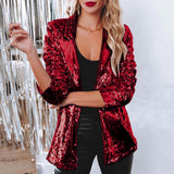 Women Sequins Blazer Fashion Sequin Jacket Casual Long Sleeve Glitter Party Shiny Lapel Coat Rave Outerwear Long Teal Coat Women-Outfit