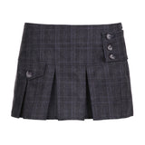 Checkered Button Irregular Design Hem Pleated Thin A-Shaped Skirt 2024 Spring / Summer New Style-Outfit