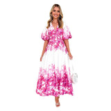 Fongt New Spring And Summer Bubble Sleeve V-Neck Women's Slings Print Fairy Gas In The Long Temperament Swing Dress Dress Woman