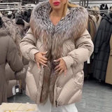 Fongt New High-End Fur Big Fox Wool Cotton Silver Fox Down Jacket Warm Hooded Coat Woman