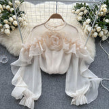 Fongt Sense Irregular Flounce Mesh Shirt Female Spring Autumn Sleeve Fold Small Slim Chic Jacket Tide-Outfit
