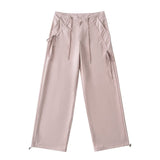 Trendy Women's Wear Personality Rope Design Solid Color Simple Basic Straight Tube Overalls Casual Pants-Outfit