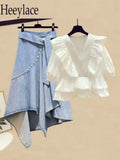 Women Summer Two Piece Set Korean Ruffles Patchwork Short Sleeve V Neck Top And Irregular Denim Skirts Set For