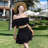 Vacation Wind One Word Shoulder Short Jacket Wrapped Hip Cake Skirt Women Summer Seaside Vacation Two-Piece Set-Outfit