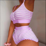 Women's 2 Pieces Kawaii Strawberry Print Frill Hem Cami Pajama Set 2023 Femme Cute Crop Top & Shorts Suits Lady