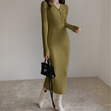 Autumn Mid-Length Skirt Temperament V-Collar Light Ripe Apricot Trim Skirt Knitting Stretch Thin Buttocks Wool Skirt-Outfit