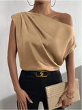 2024 Pure Satin Imitation Silk Irregular Sloping Shoulder Collar Sleeveless Shirt Women's Dress-Outfit