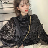 Korean Patchwork Blouses Women Stand Collar Puff Sleeve Long-sleeved Shirt Dropshipping Womens