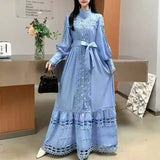 Fongt Small Vintage Hollow Lace Splicing Strap Belt Lantern Sleeve Dress Female Court Long Dress
