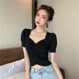 Puff Short Sleeve V-neck Knitted T-shirts Girls Solid Stretchy Crop Tops Thin Knitwear For Women-Outfit