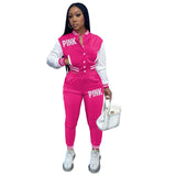 Pink Printed Baseball Coat Pants Two Piece Sets Spring Fall Outfits Womens Track Suits Casual Fashion Streetwear