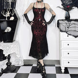 Vintage Gothic Blouse Sexy Cross Flocking Suspender Fishtail Skirt Woman-Outfit