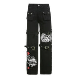 Dark Punk Grunge Gothic Patchwork Black Cargo Jeans Emo Aesthetic Women Autumn Techwear Pants Harajuku Printed