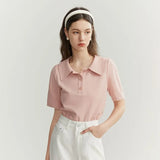 Polo Collar Women's T-shirt Loose Short-sleeved Knitted Sweater Office Lady Commute Solid Color Female Tops Summer