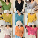 Thin Knit Cardigan Women V-Neck Knitted Casual Transparent Sweater Shirts Lady Simple Solid Outwear for Female-Outfit