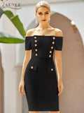 2022 New Summer Black Off Shoulder Club Bandage Dress Women Sexy Short Sleeve Buttons Celebrity Evening Runway Party