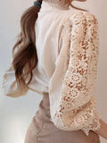 Sweet Hollow Out Lace Patchwork Women Blouse Button White Top Petal Sleeve Flower Stand Collar cotton Shirt Blusas