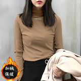 Fongt Spring 2024 Half Turtleneck Jacket Bottom Shirt Women's Letters Embroidered Slim Students Solid Color And Velvet Long Sleeve T-Shirt