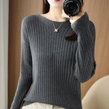 Fongt Round Collar Knit Women's Thin Early Spring And Autumn With A Sweater Long-Sleeve T-Shirt Wool Undershirt Loose.-Outfit