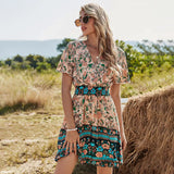 V Neck High Waist Short Sleeve Print