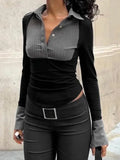 Stripe Splice Polo Neck Long Sleeve Blouse-Outfit