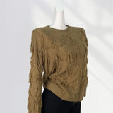 Fongt Not Pierced Hole Round Neck Tassel Sweater Women's Design Sense Bottom Waste Earthen Top Loose Sweater-Outfit