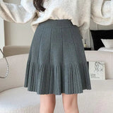 Knit Solid Elastic High Waist Pleated Mini Skirt-Outfit