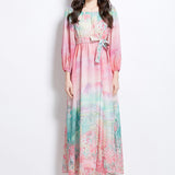 Fongt Holiday Style Dress 2025 New One-Word Shoulder Strap With Waist Lantern Sleeve Print Chiffon Long Dress Woman