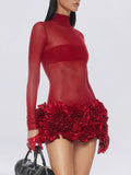 Fongt Short Dress Women's Dress 2025 Autumn New Splicing Sexy Hot Girl Three-Dimensional Flowers Thin Dress Dress Woman