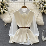 Fongt New Light Ripe Wind Outside Wear Loose Lapel Splicing White Shirt V Collar Diagonal Buckle Knit Vest Two Sets-Outfit
