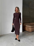 Fongt Autumn And Winter Sweater Dress Lady Knit Round Collar Pit Solid Color Tight Dress Woman