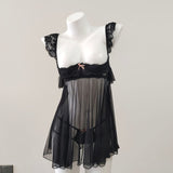 Fongt New Sexy Pajamas Female Summer Emotional Fun Small Breast Lace Splicing Slings Hollow Mesh Yarn Ajamas