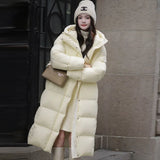 Cold Resistant Long Length Hooded Down Jacket Female 2024 Winter New Fashion Armband And Thick White Duck Down Matching Coat-Outfit