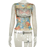 Fongt Autumn 2024 New Women's Clothing Vintage Quality-Renovined Print Mesh T-Shirt