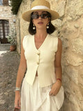 Fongt Summer Women's Solid Color Repair Gold Button Knitted Vest Blouse B62038
