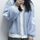 New Autumn / Winter New V-Collar Lantern Sleeve Patchwork Color Sweater Loose Casual Sweater Coat-Outfit