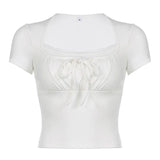 Fongt Court Square Collar Chest Pleated Belt Solid Color Shoulder Short Sleeve T-Shirt 2023-Outfit