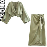 Women Fashion Cross Kink Cutwork Crop Blouses Vintage Short Ruffled Sleeves Wrap Female Shirts And Split Lantern