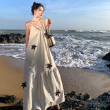 Fongt Design Handmade Three-Dimensional Embroidery Flower Cotton Linen Hollow Vacation Wind Sling Dress-Outfit