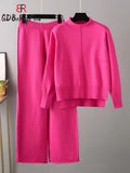 Women Sweater Suits Knitted Oversized Tracksuit Casual Long Sleeve Pullover High Waist Straight Pants Two Piece Sets Women 2023-Outfit