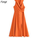 2023 Summer Women Fashion Elegant Dress Sleeveless Casual Solid Midi Dresses Office Lady Female Clothes
