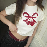 And Lovely Cherry Bow Printed Round Collar Basic T-Shirt Girls Wear A New Style Of Simple Blouse In Summer-Outfit