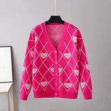 Women's Knitting Print Sweater Color Heart Single-Breasted Button Loose Casual Knitted Cardigan Sweaters Autumn V-neck